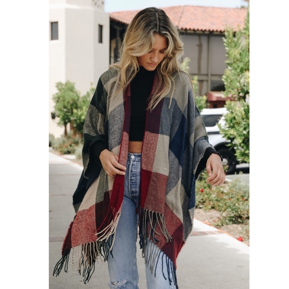 Tayzani Accessories - Red Navy Cream Plaid Fall Ruana Poncho Shawl Scarf